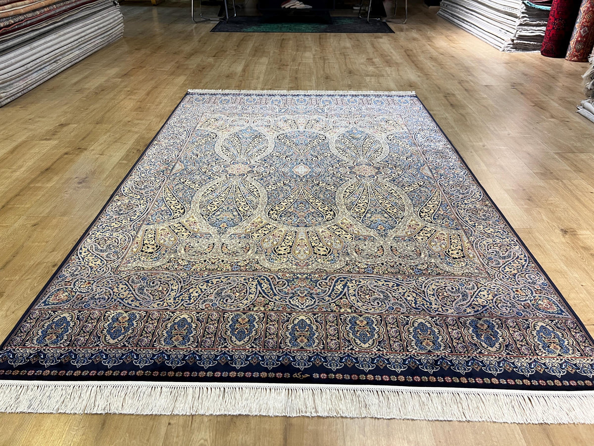 5x8 ft Blue Gold Silk Rug, Classic Turkish Carpet, Luxury Floral Design, Area Rug