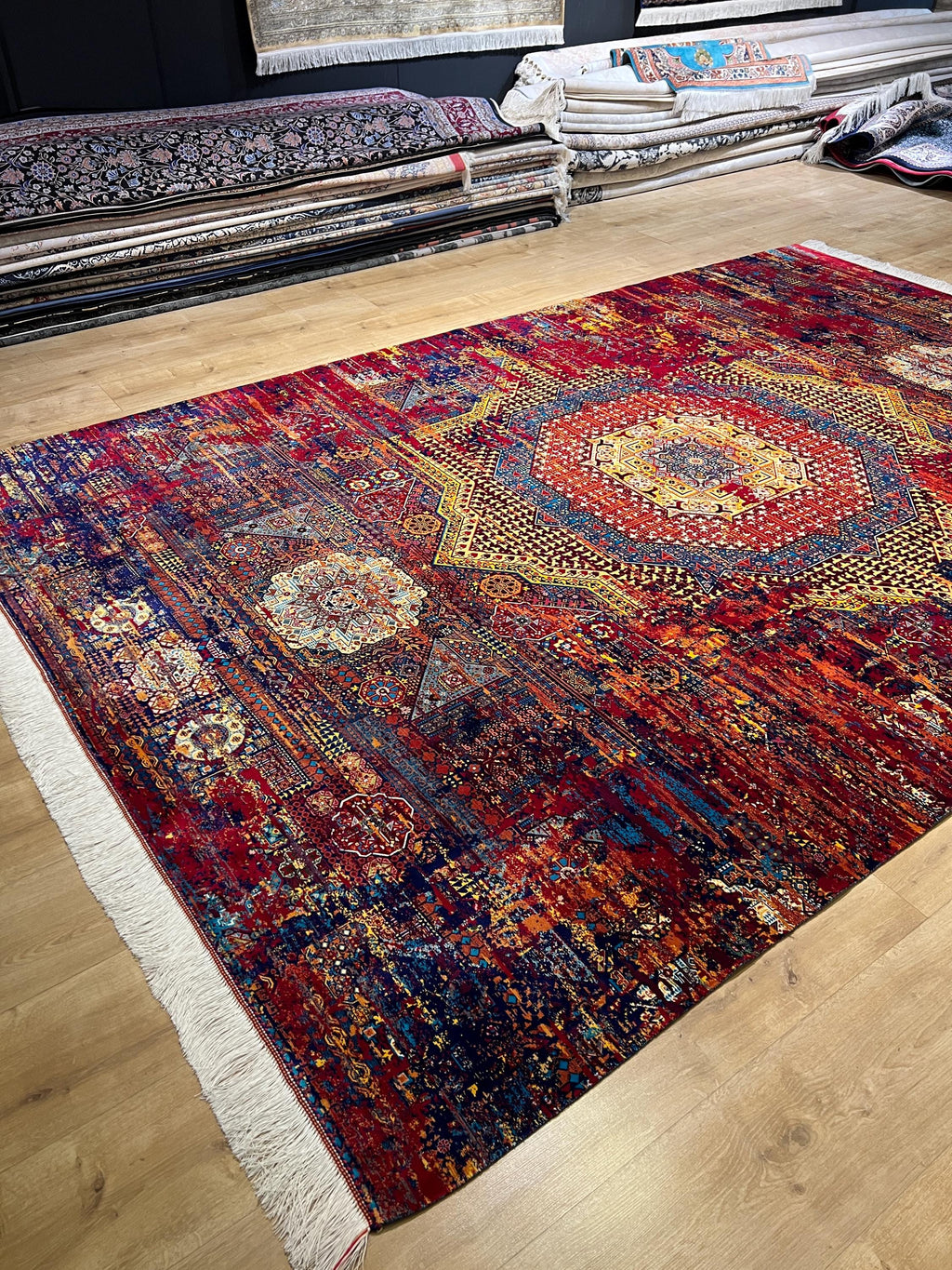 7x10 Ft Red Blue Colourful Silk Rug, Luxury Medallion Design, Traditional Pattern