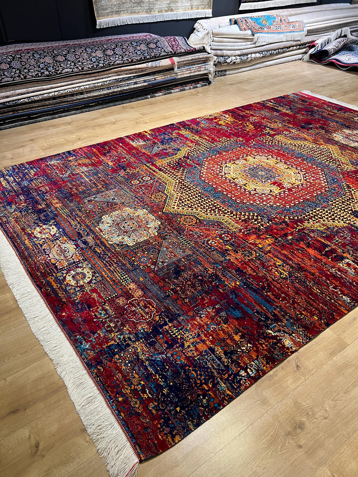 7x10 Ft Red Blue Colourful Silk Rug, Luxury Medallion Design, Traditional Pattern