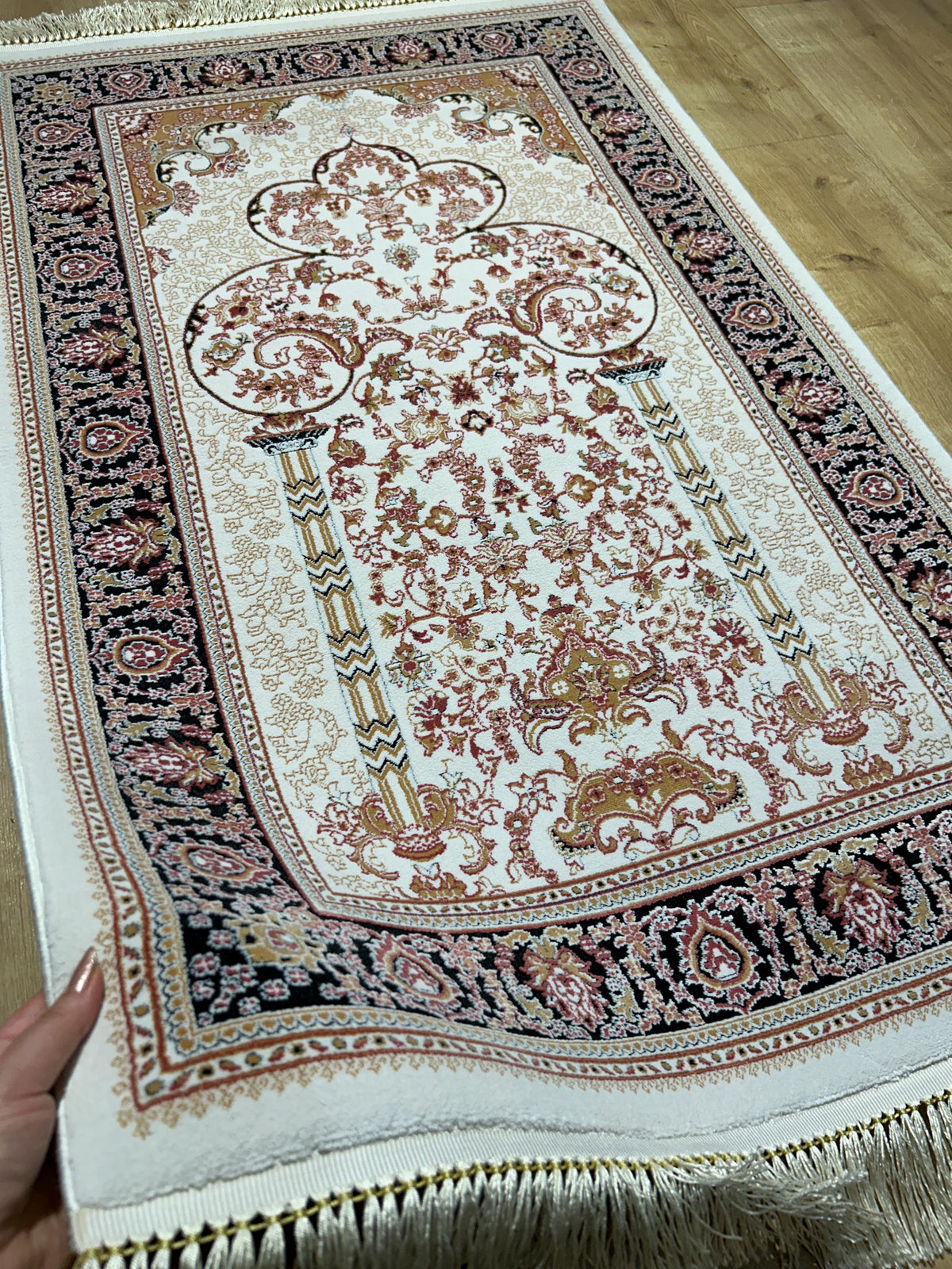 2.55x4.10 Ft Ivory Black Pink Silk Prayer Rug, Muslim Gift Prayer Mat