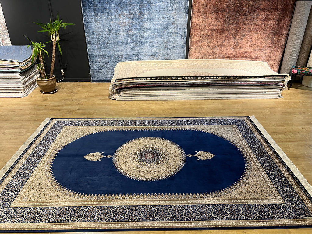 7x10 ft Elegant Silk Rug, Navy Ground Gold Medallion Classic Design
