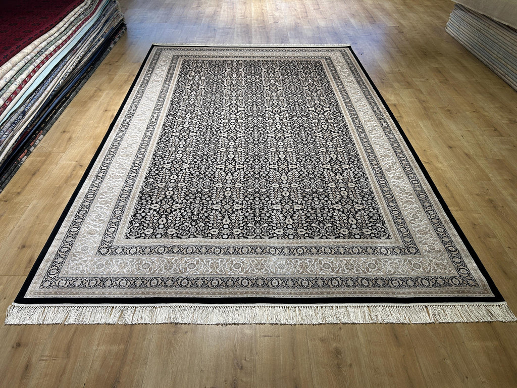 Black Silk Rug with Beige Floral Pattern, Classic Turkish Rug