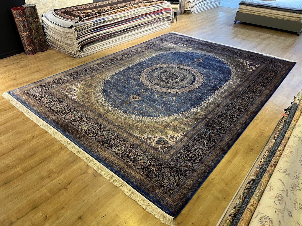 Bamboo Silk Rug 10x13 ft, Large Luxury Area Rug with Blue Medallion Design