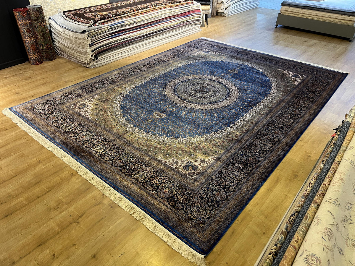 Bamboo Silk Rug 10x13 ft, Large Luxury Area Rug with Blue Medallion Design