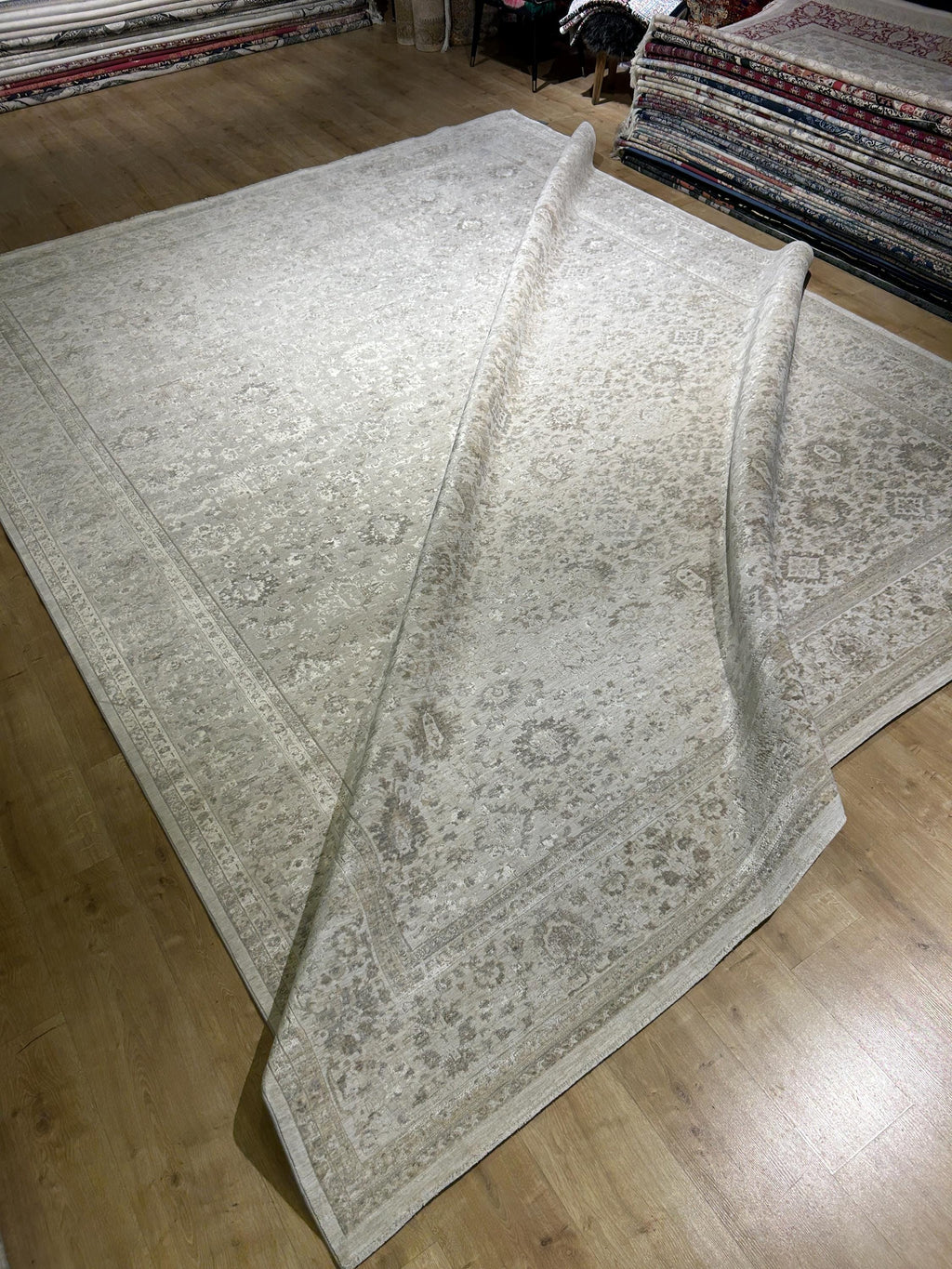 10x13 ft Gray Beige Floral Bamboo Rug with Ethnic Modern Patterns, Big Size Rug
