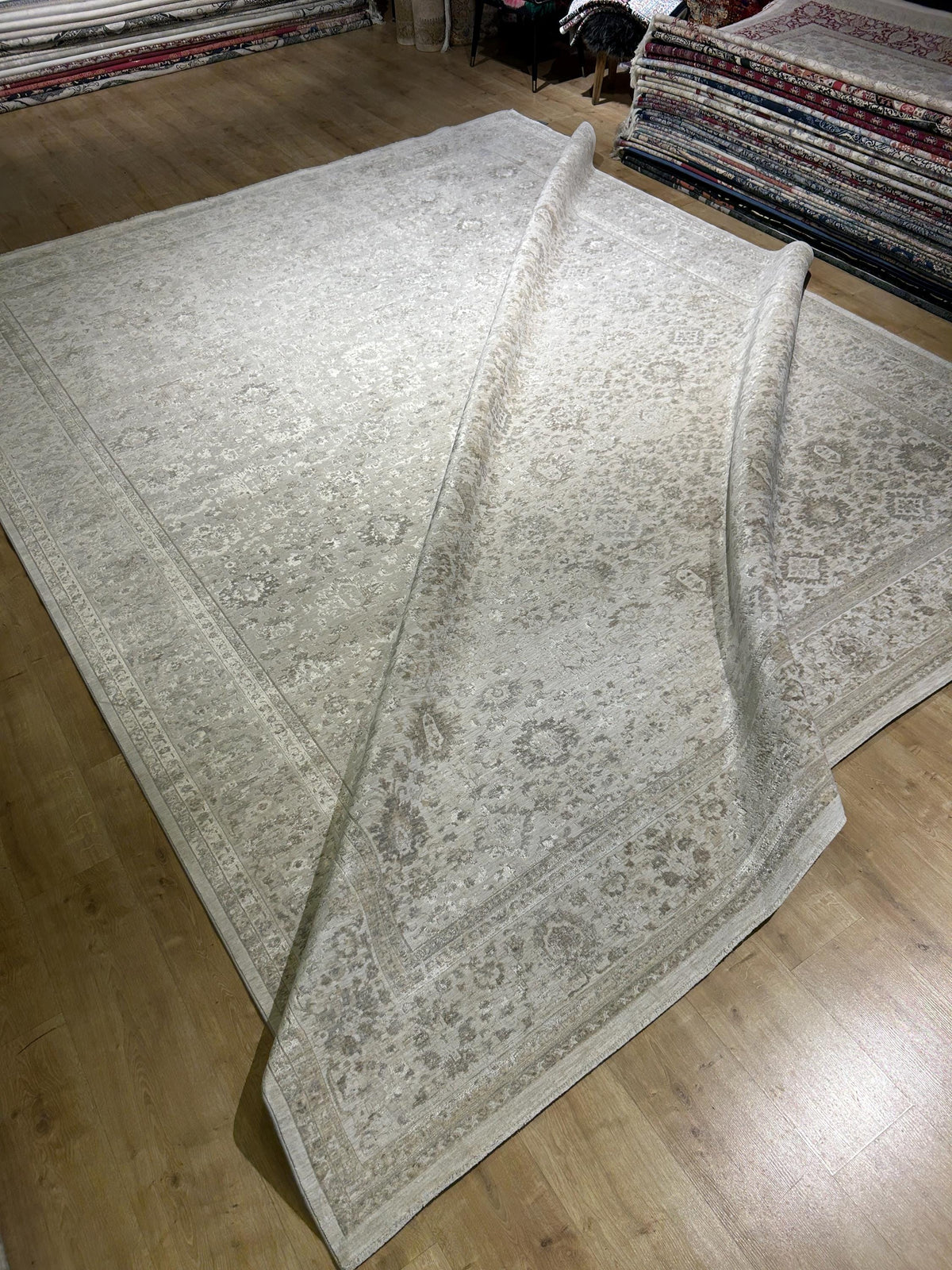 10x13 ft Gray Beige Floral Bamboo Rug with Ethnic Modern Patterns, Big Size Rug