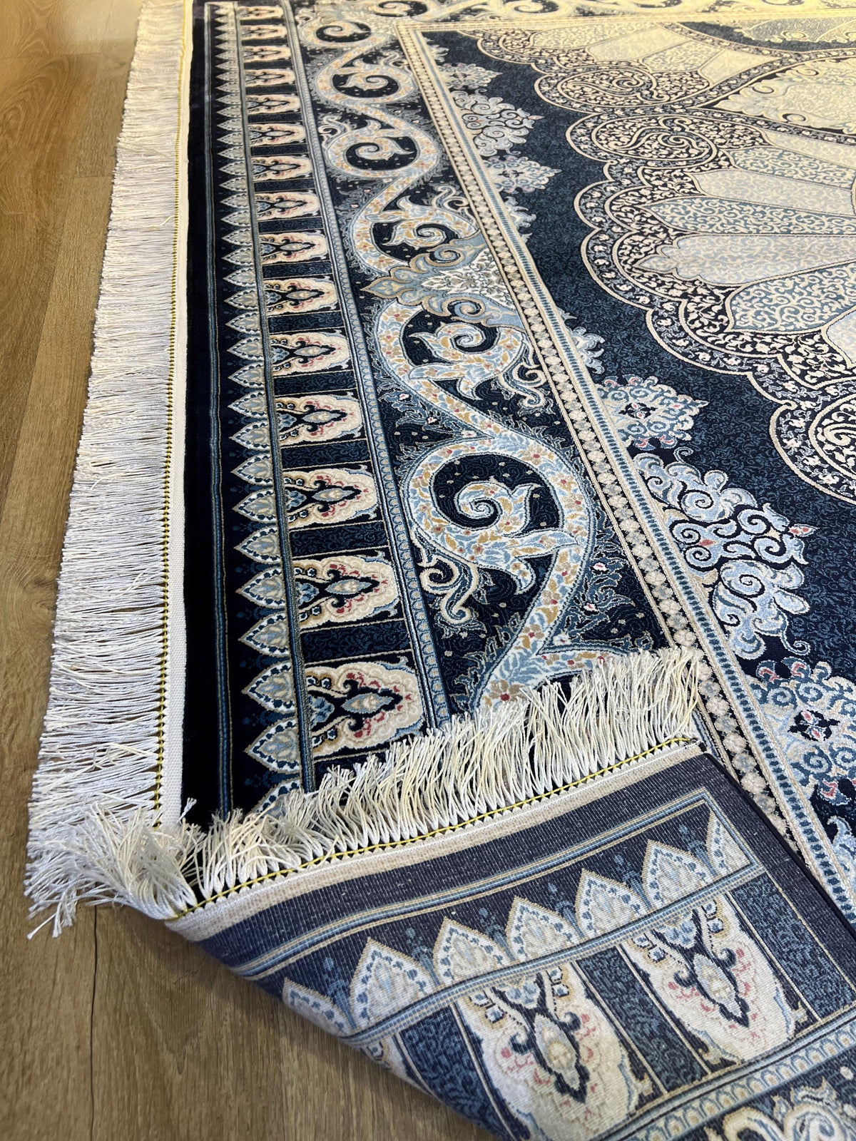 7x10 ft Navy Blue Silk Rug, Classic Ornamental Pattern, Turkish Silk Rug