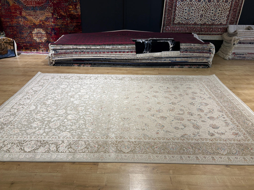 Beige Silk Rug, Classic Silk Carpet with Floral Pattern