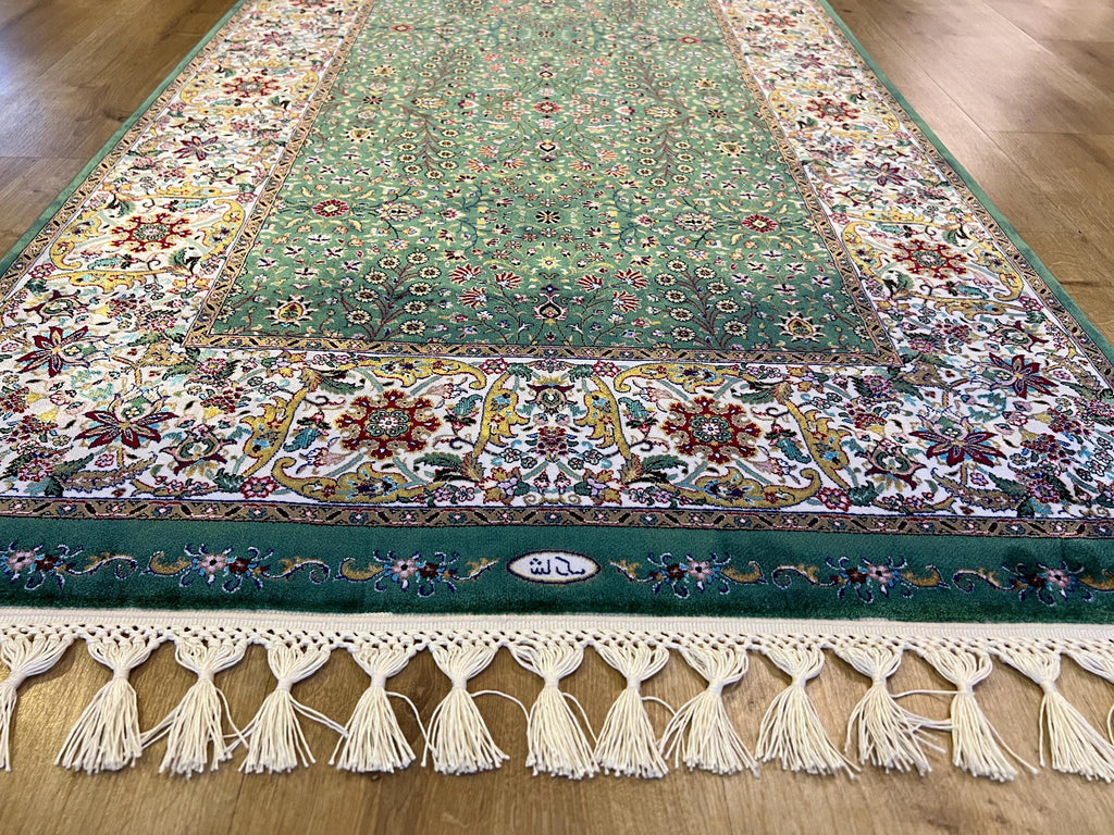 Green Floral Silk Runner Rug, Turkish Style, 3x10 ft, Classic Luxury Hallway Rug