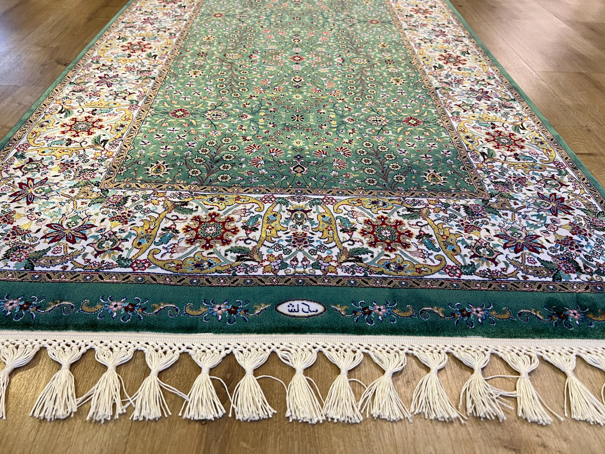 Green Floral Silk Runner Rug, Turkish Style, 3x10 ft, Classic Luxury Hallway Rug