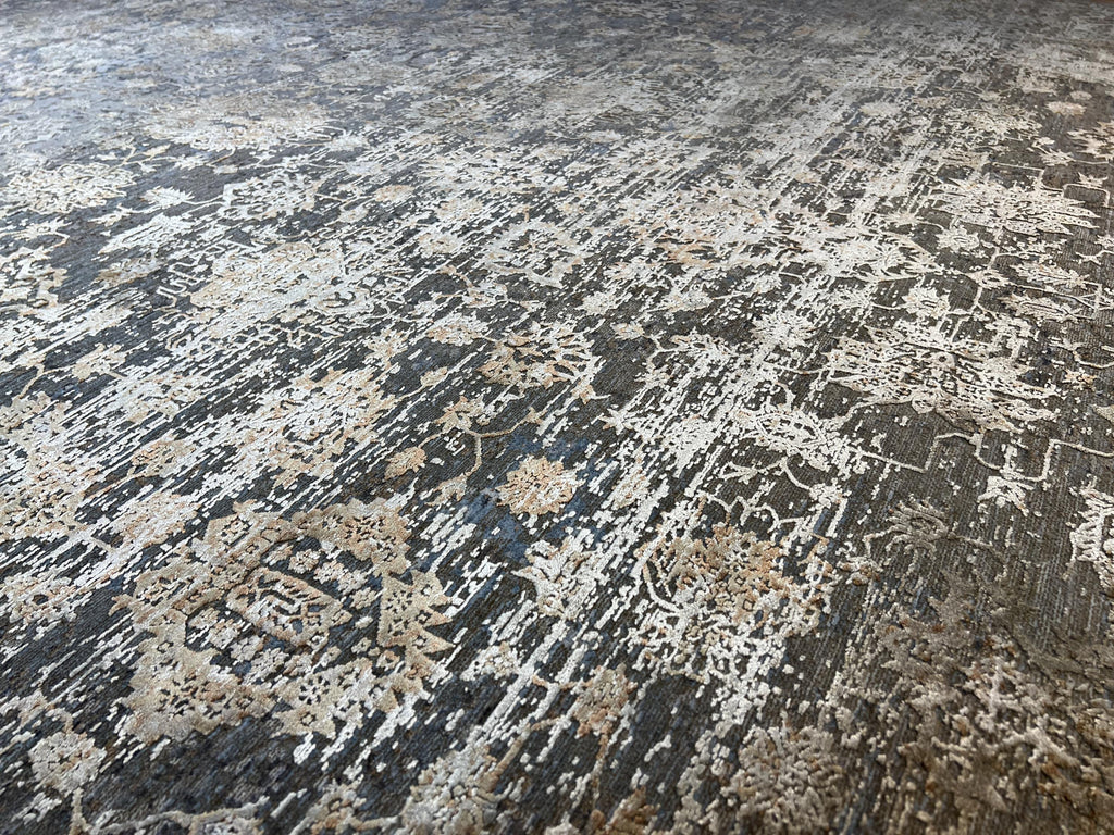 8x11 ft Brown Gray Bamboo Rug with Antique Distressed Floral Pattern