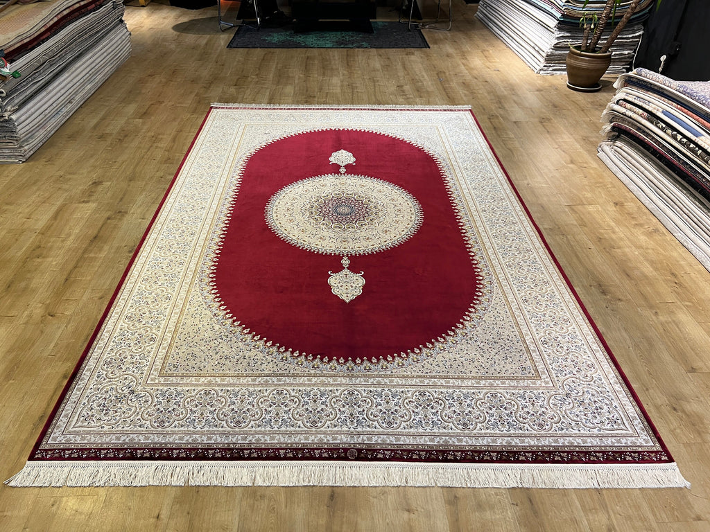 7x10 ft Silk Rug, Red Ground Gold Medallion Classic Design Silk Carpet