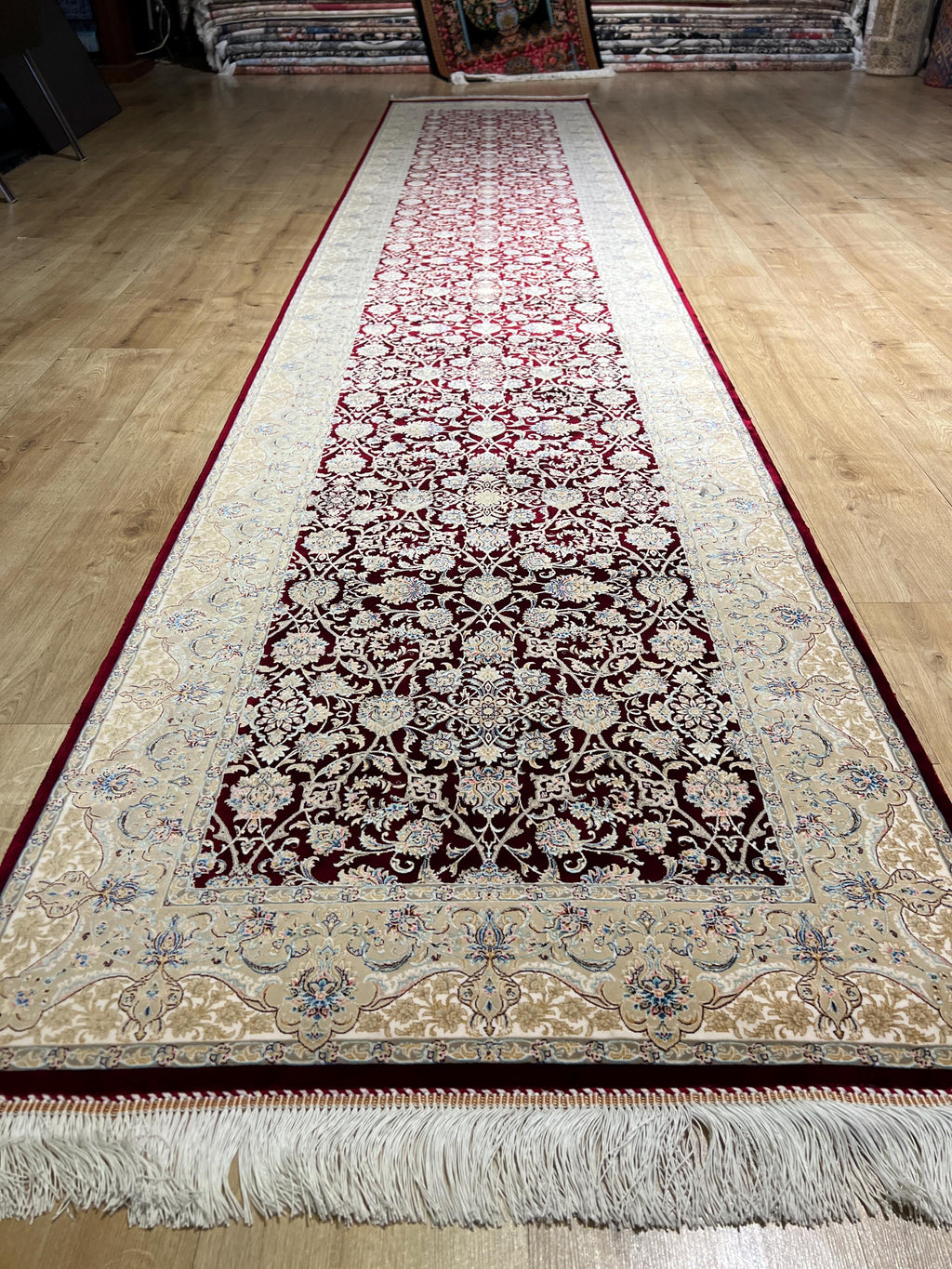 3x13 ft Red Silk Runner Rug, Blue Medallion, Classic Luxury Hallway Rug