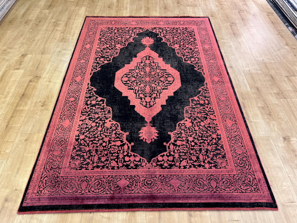 5x8 ft Black Bamboo Rug with Red Medallion and Border