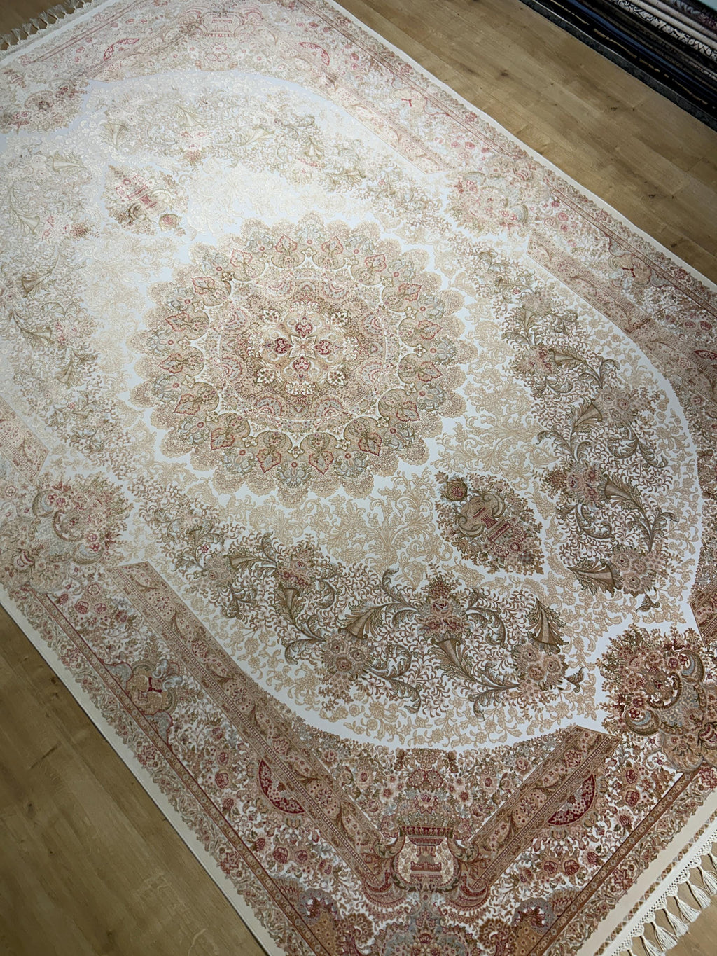 7x10 Ivory Silk Rug, Green Gold Floral Silk Carpet, Classic Medallion Design