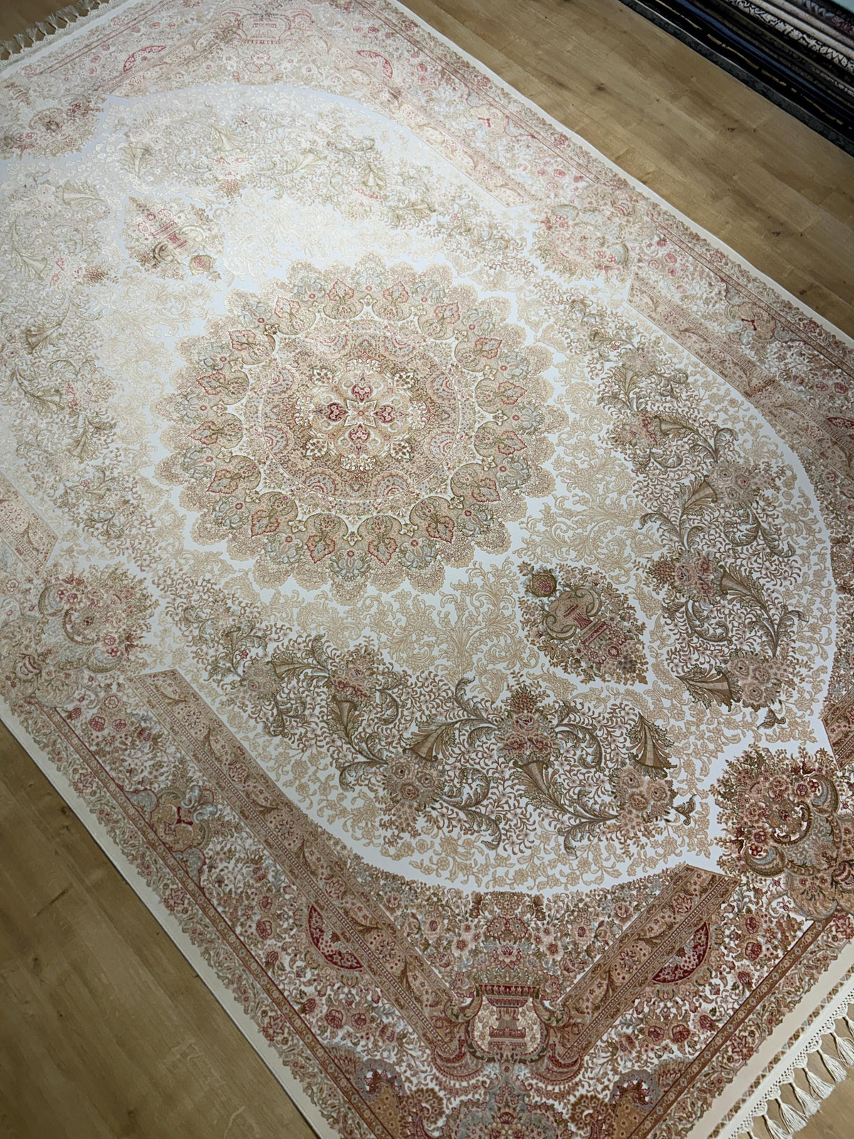 7x10 Ivory Silk Rug, Green Gold Floral Silk Carpet, Classic Medallion Design