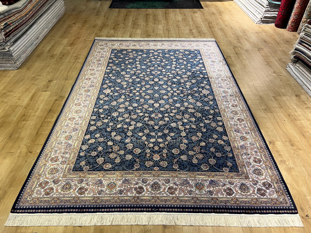 7x10 ft Blue Silk Bamboo Rug with Ivory Border and Gold Pattern, Classic Design