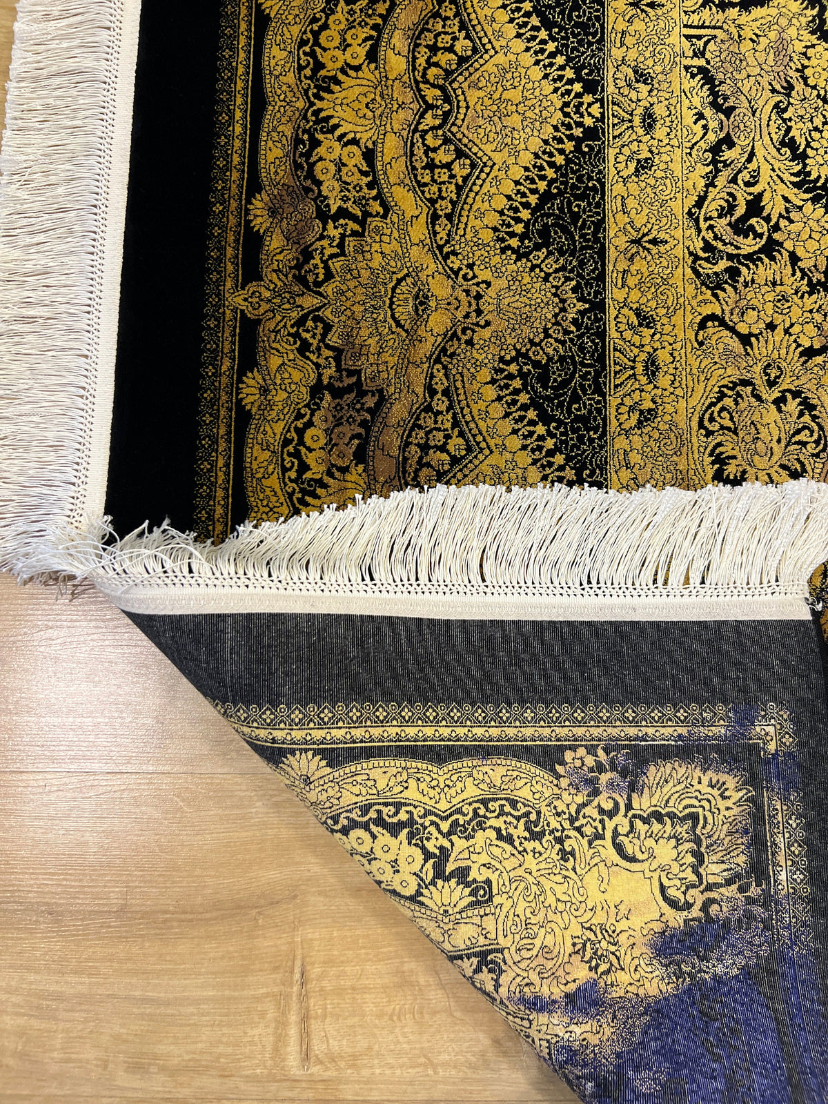 7x10 ft Navy Blue Silk Rug, Antique Distressed Pattern Gold Medallion, Classic Design