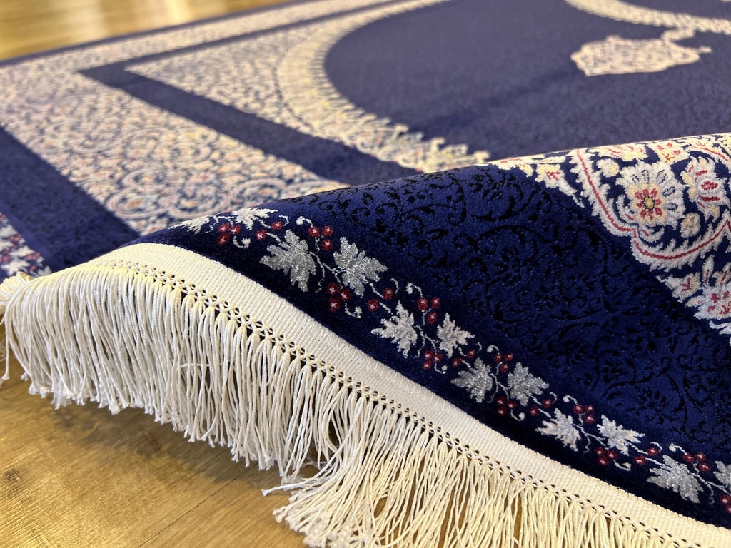 7x10 ft Navy Silk Rug with Grey Medallion and Border, Classic Luxury Home Decor