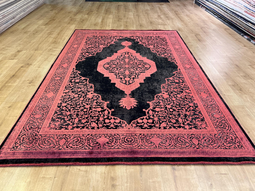 5x8 ft Black Bamboo Rug with Red Medallion and Border