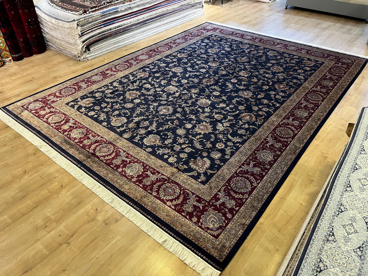Dark Blue Red Silk Rug 10x13 ft, Turkish Ottoman Style, Oversized Soft Area Rug