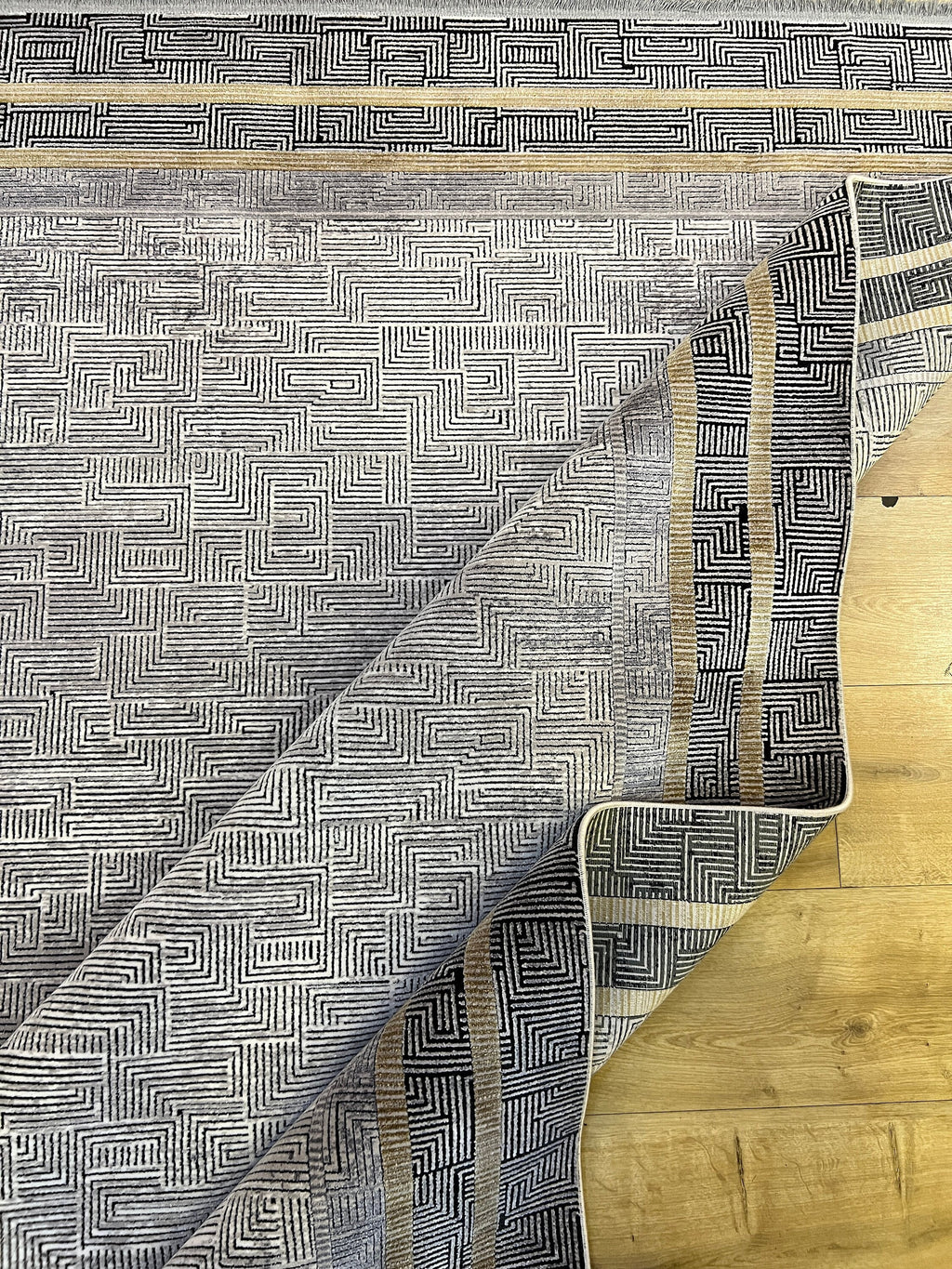 Geometric Pattern Bamboo Rug, Dark Gray, Turkish Carpet