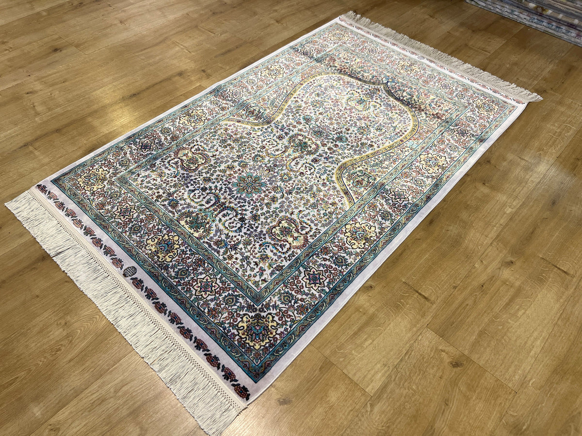 2.62X4.10 ft Ivory Silk Prayer Rug, Green Gold Floral Design, Muslim Prayer Mat