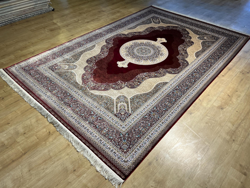 7x10 ft Large Modal Silk Rug, Red Gold Center Medallion, Luxury Living Room Decor