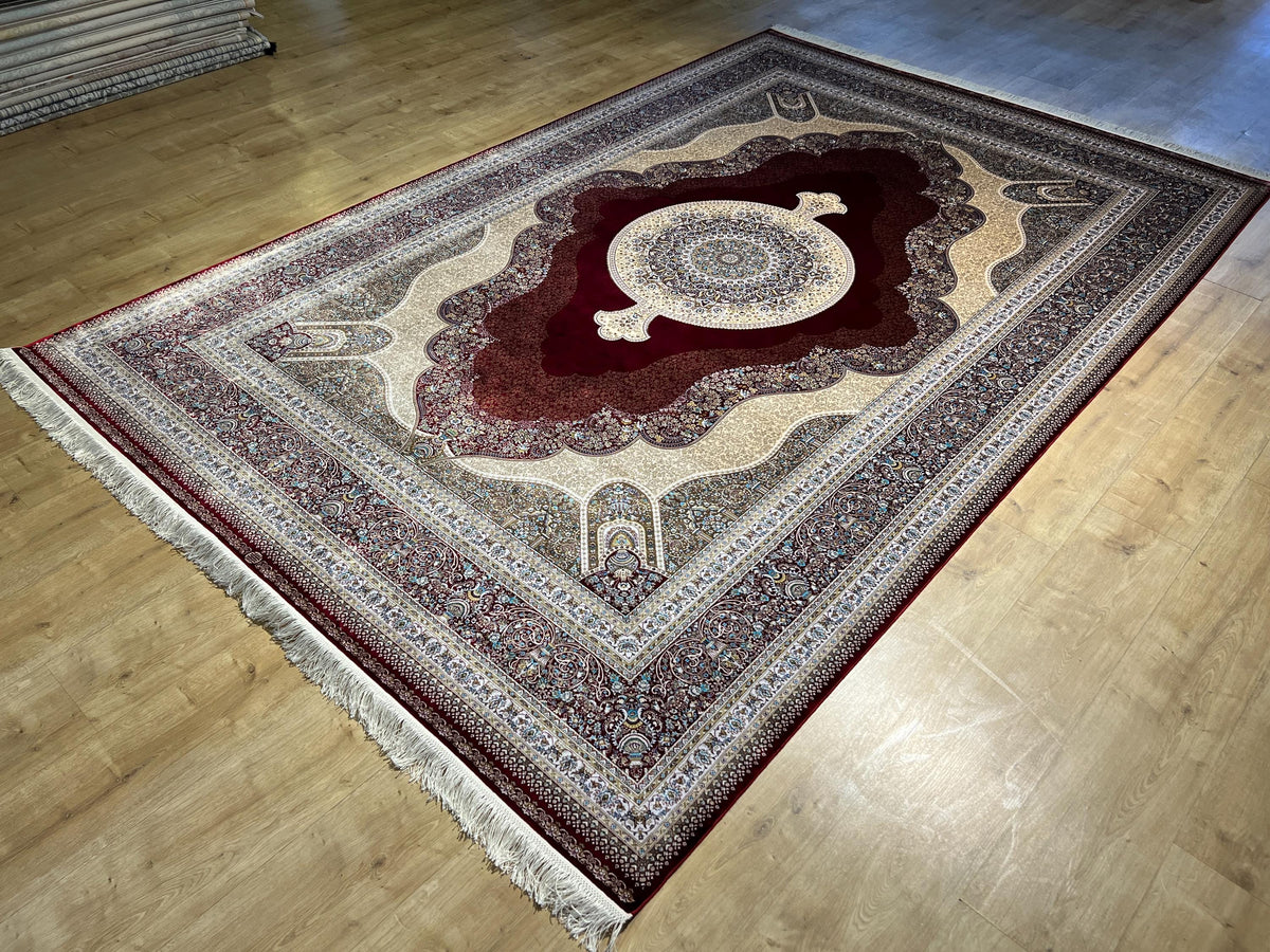 7x10 ft Large Modal Silk Rug, Red Gold Center Medallion, Luxury Living Room Decor