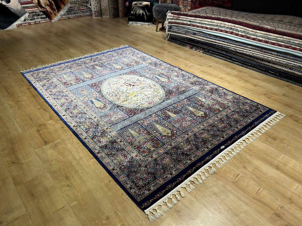 Navy Blue Floral Silk Rug, Tree Design Carpet, Luxury Classic Carpet