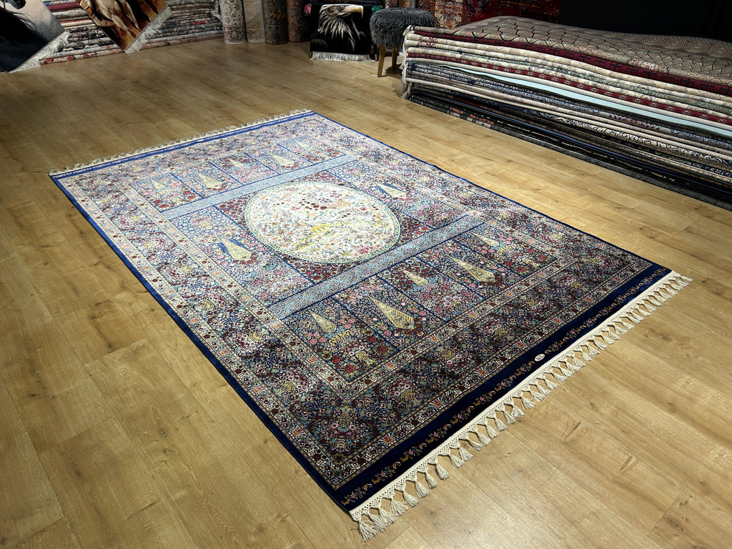 5x8 ft Navy Blue Silk Rug, Tree and Floral Design Carpet, Luxury Home Decor