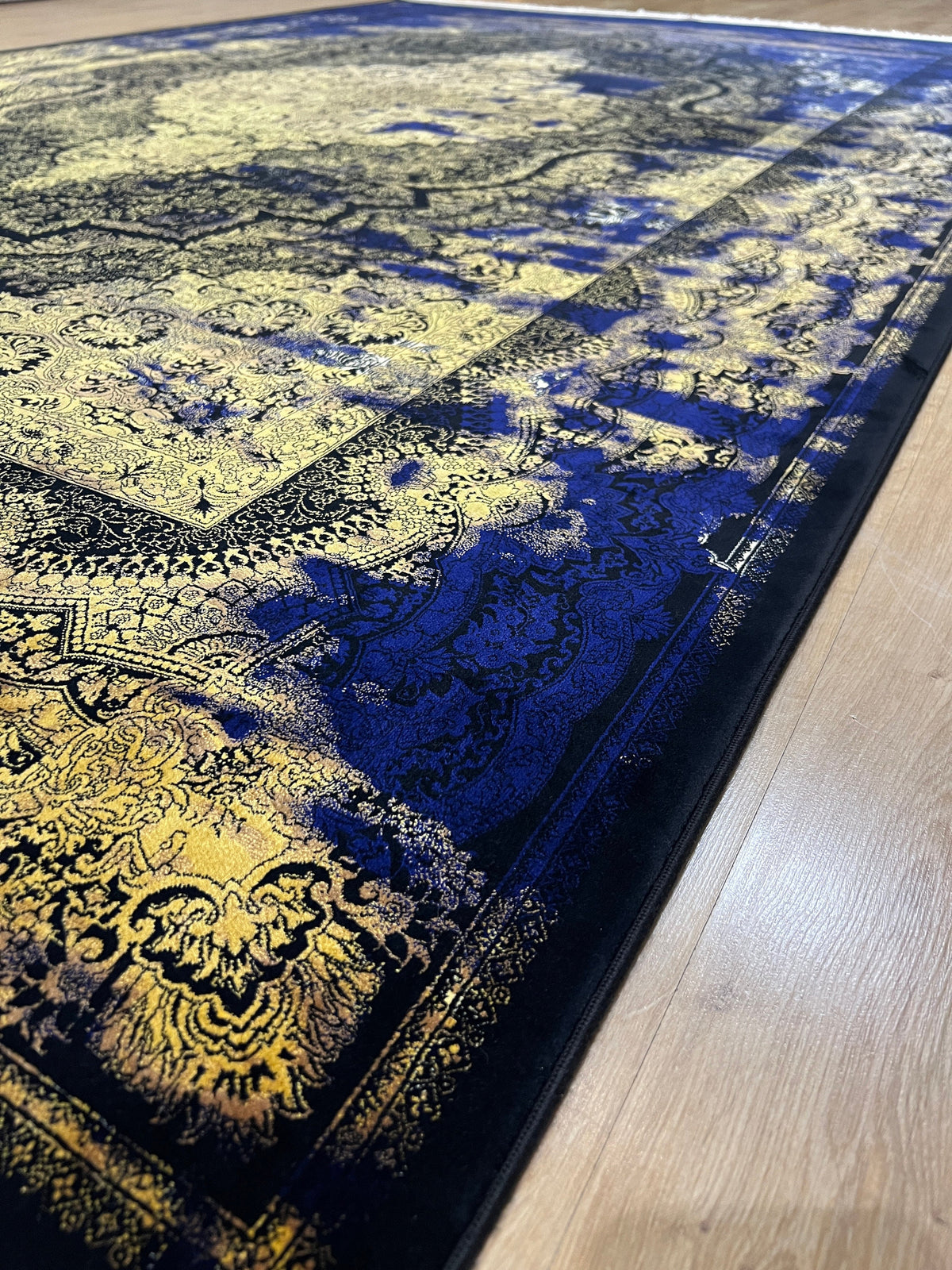 7x10 ft Navy Blue Silk Rug, Antique Distressed Pattern Gold Medallion, Classic Design