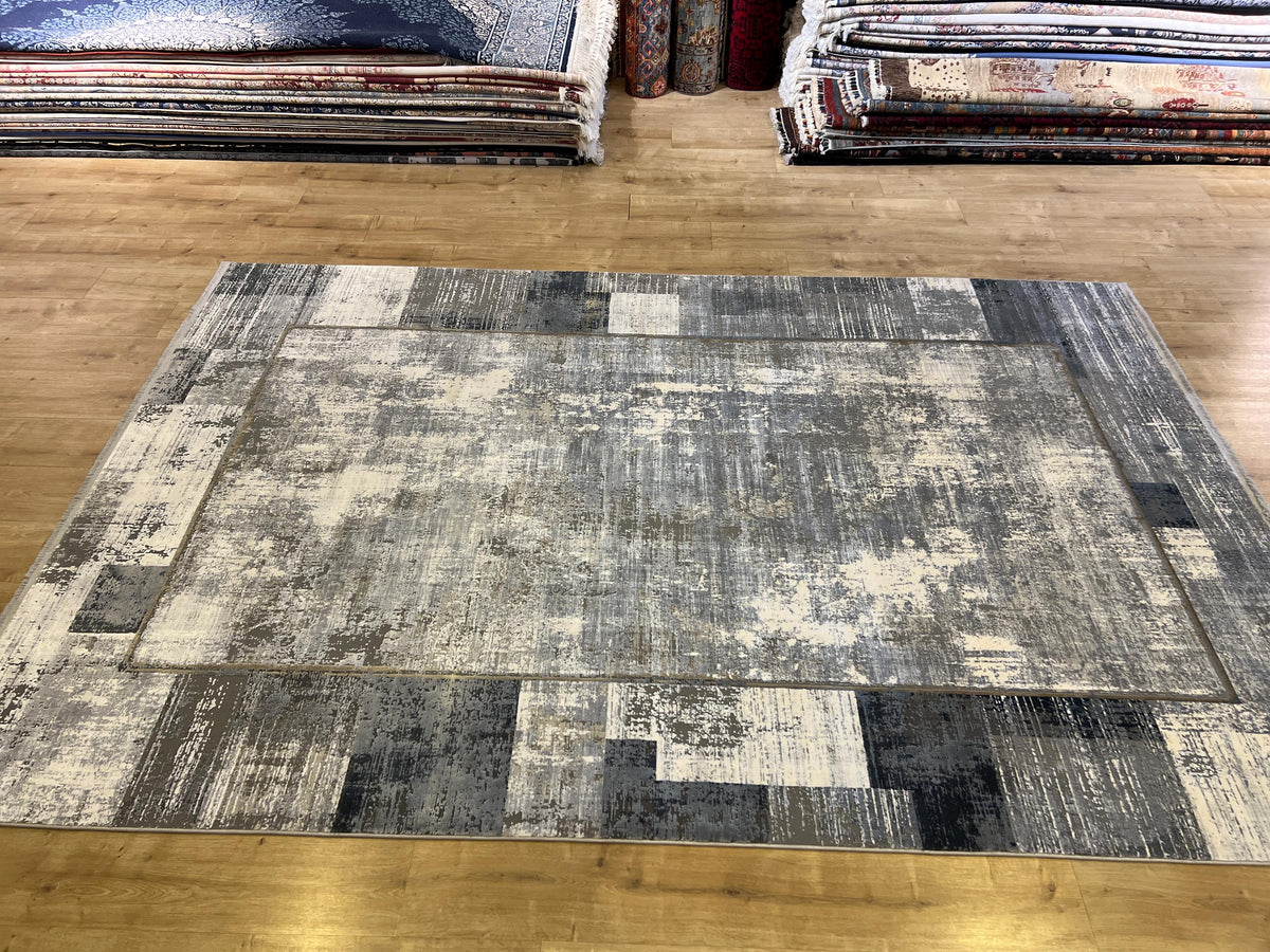 7x10 Ft Gray Modern Bamboo Rug with Framed Border Design