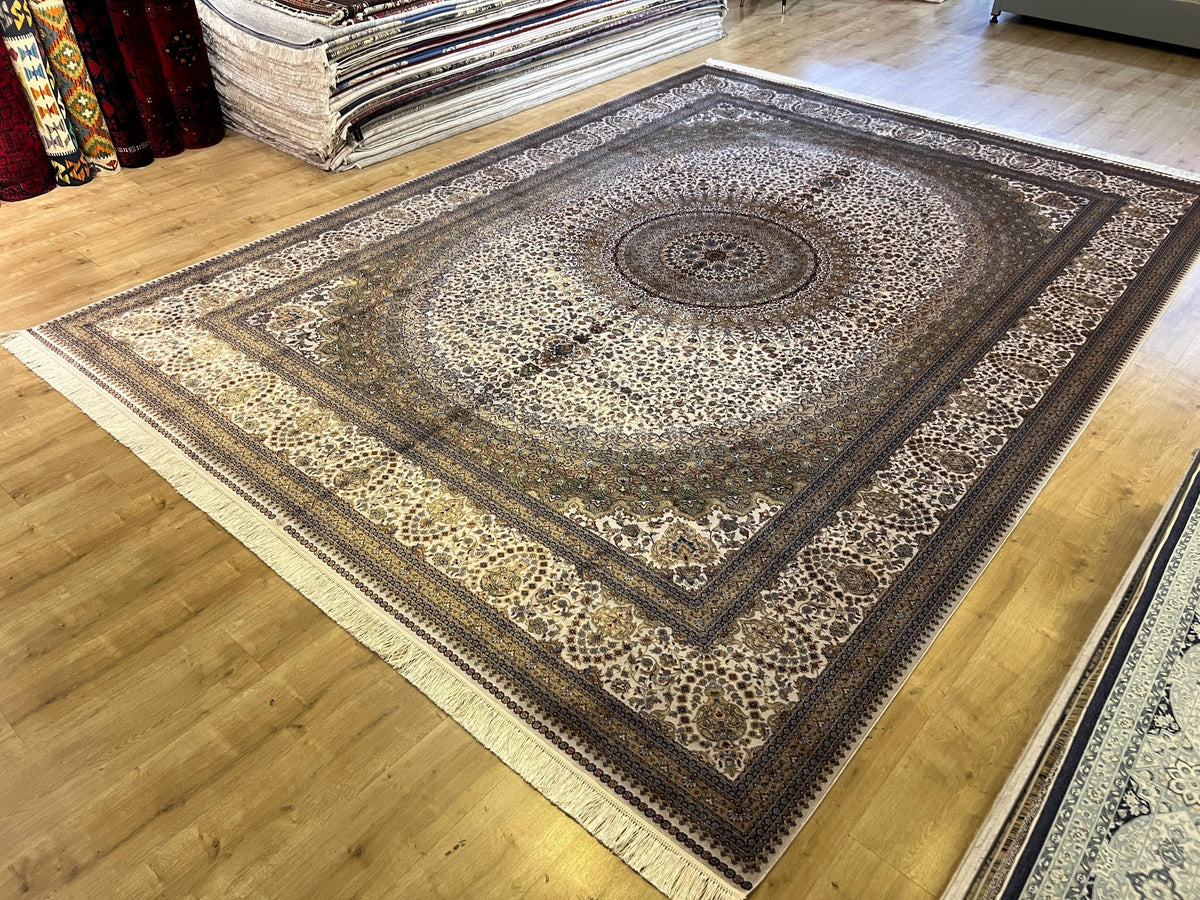 Bamboo Silk Ivory Rug 10x13 ft, Luxury Large Rug with Classic Medallion Design