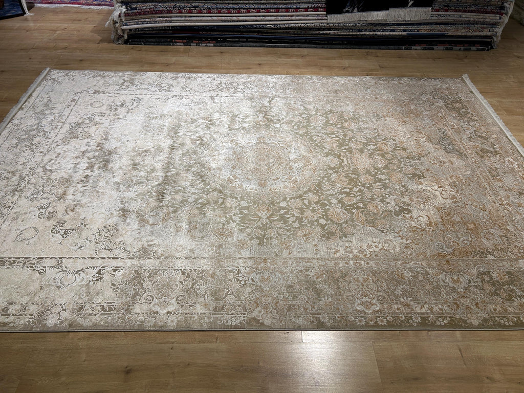 Light Brown Beige Silk Rug, Medallion Design Classic Silk Carpet