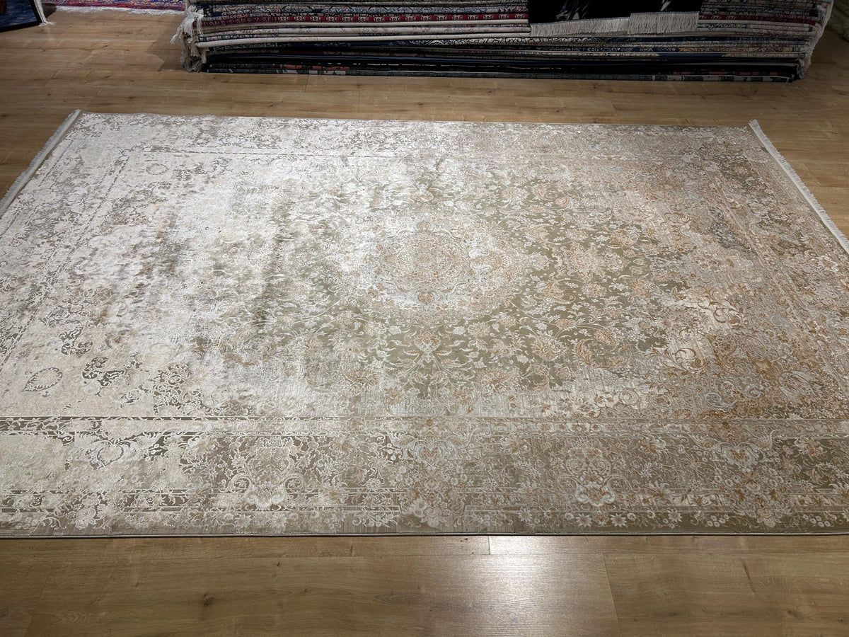 Light Brown Beige Silk Rug, Medallion Design Classic Silk Carpet