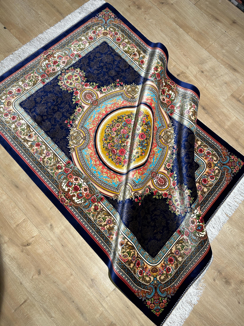 Navy Blue Silk Rug, Gold Floral Medallion Design, Classic Luxury Rug