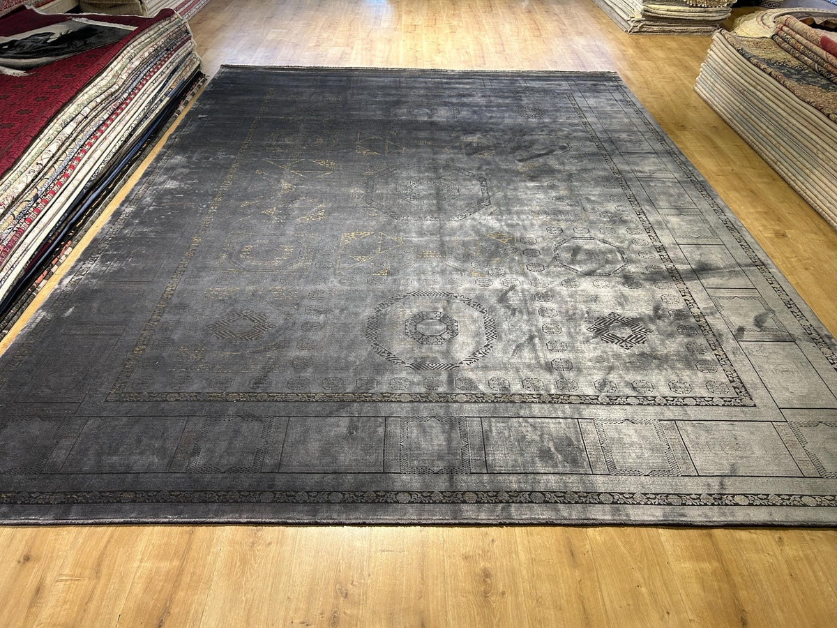 10x13 ft Smoked Gray Bamboo Rug, Distressed Pattern, Modern Rug