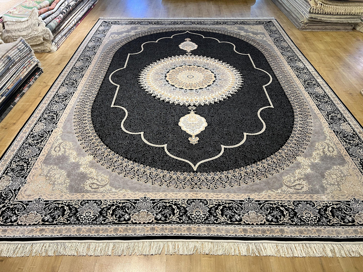 10x13 ft Black Classic Medallion Silk Rug with Gold Motifs, Big Silk Carpet