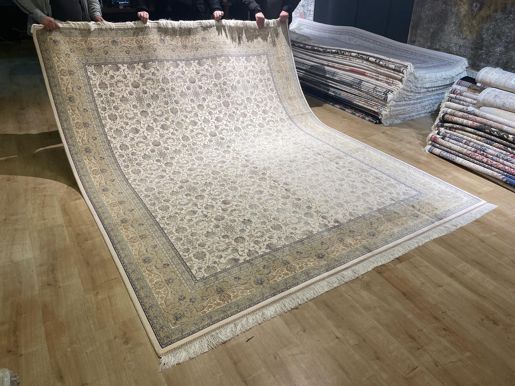 8x10 Ft Cream Modal Silk Rug, Beige Border Floral Design, Classic Elegant Large Rug