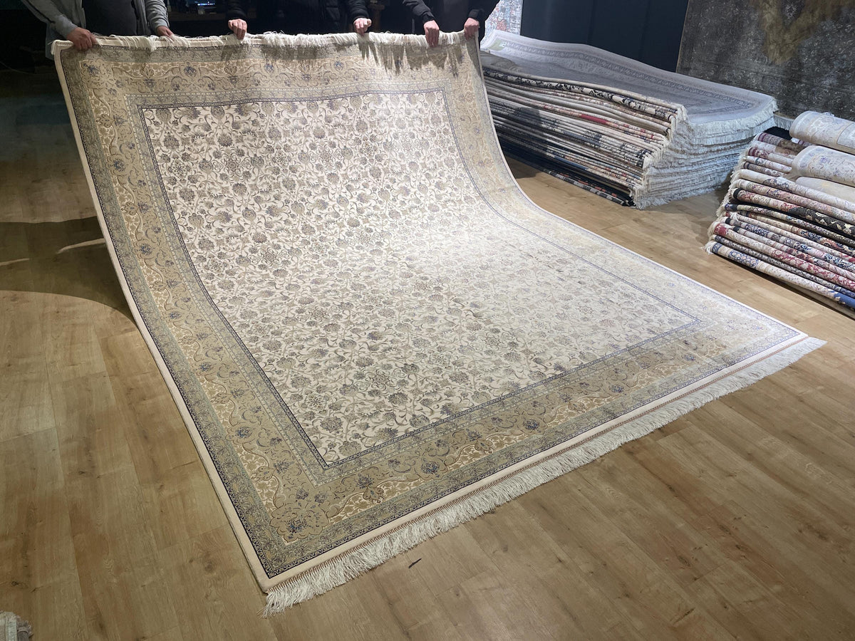 8x10 Ft Cream Modal Silk Rug, Beige Border Floral Design, Classic Elegant Large Rug