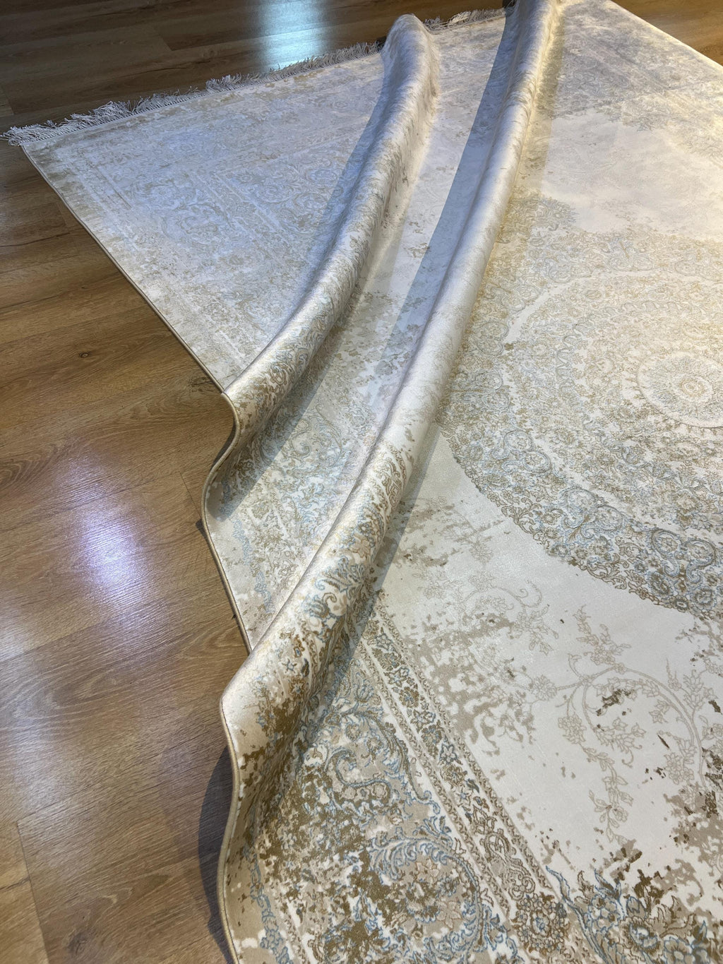 Cream Silk Rug with Beige Medallion and Border, Antique Style
