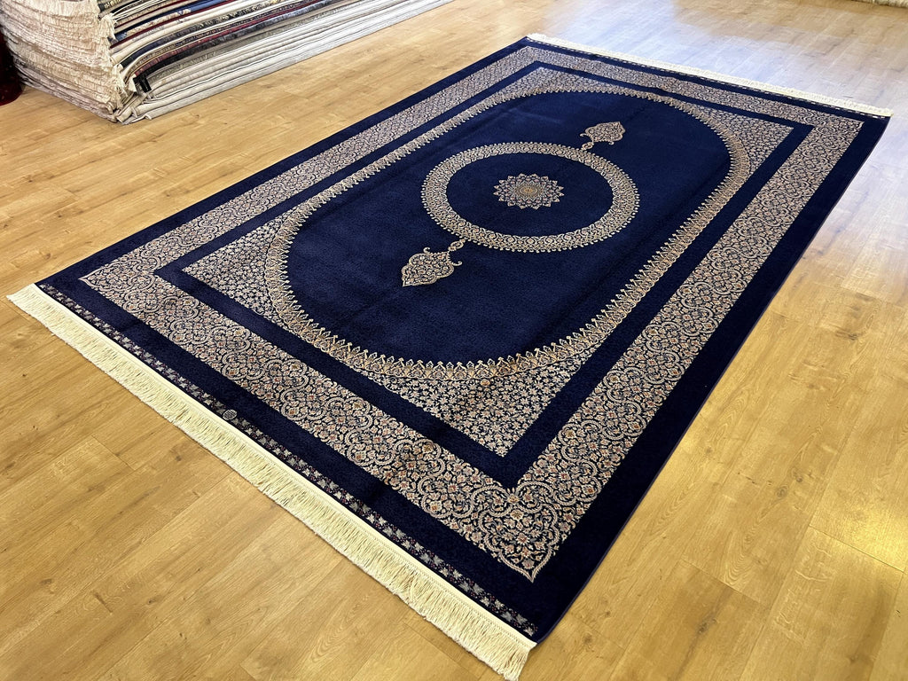 7x10 ft Navy Silk Rug with Grey Medallion and Border, Classic Luxury Home Decor
