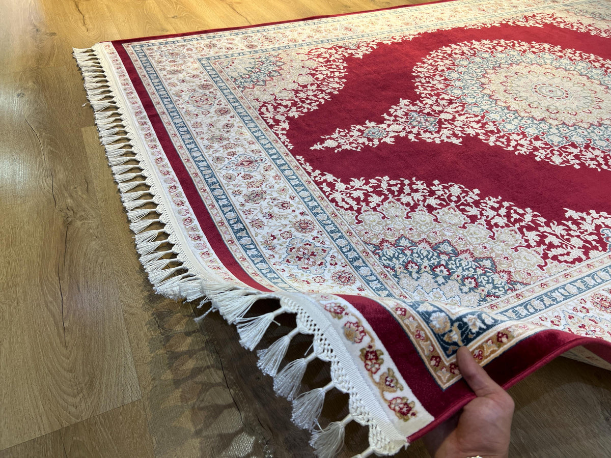 5x8 ft Red Silk Rug, Blue Gold Medallion, Classic Turkish Carpet, Luxury Rug