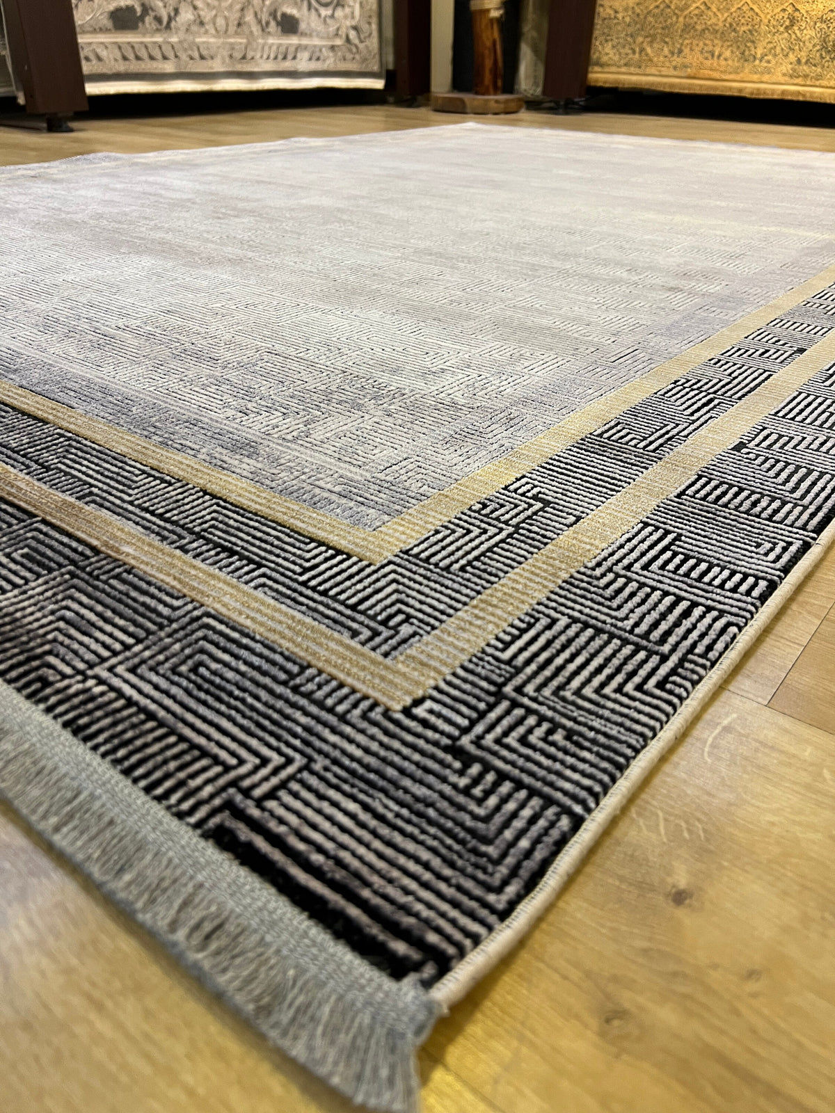Geometric Pattern Bamboo Rug, Dark Gray, Turkish Carpet
