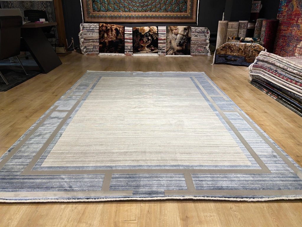 7x10 ft Blue Gray Beige Bamboo Rug, Bordered Minimalist Modern Rug, Oversize Carpet