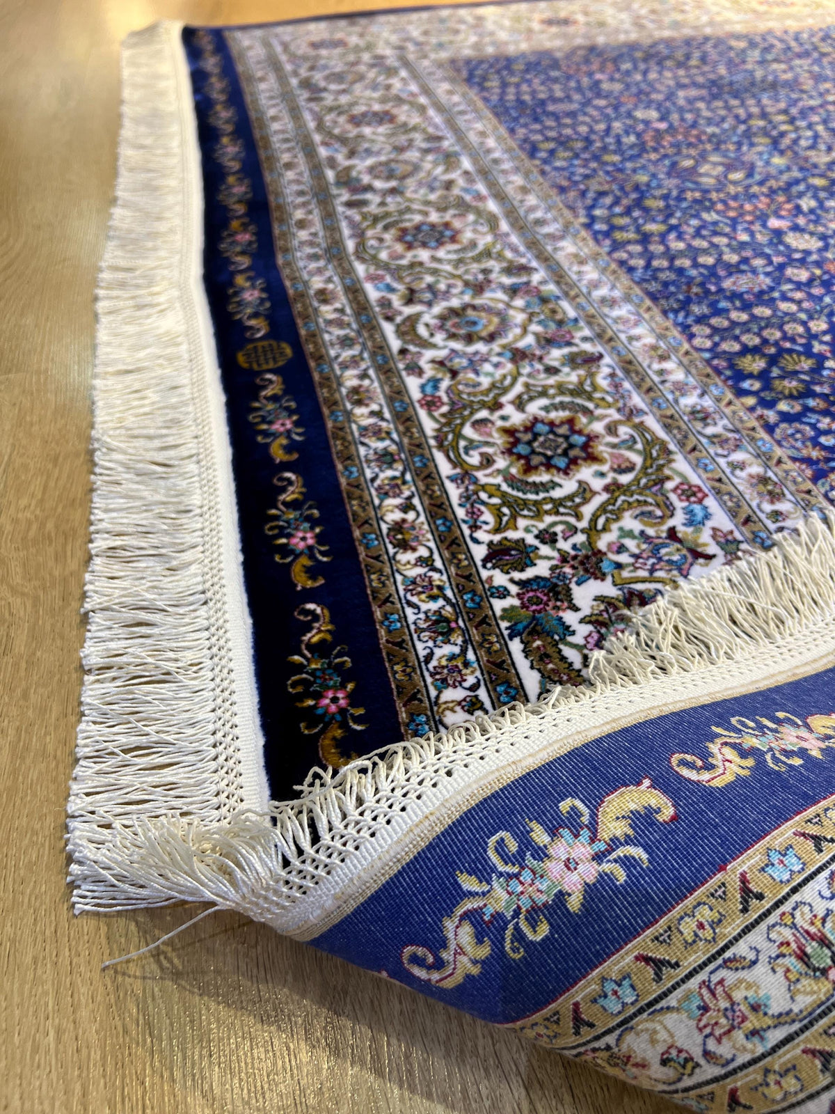 5x8 ft Navy Blue Silk Rug, Floral Border Design, Turkish Style Carpet, Luxury Rug