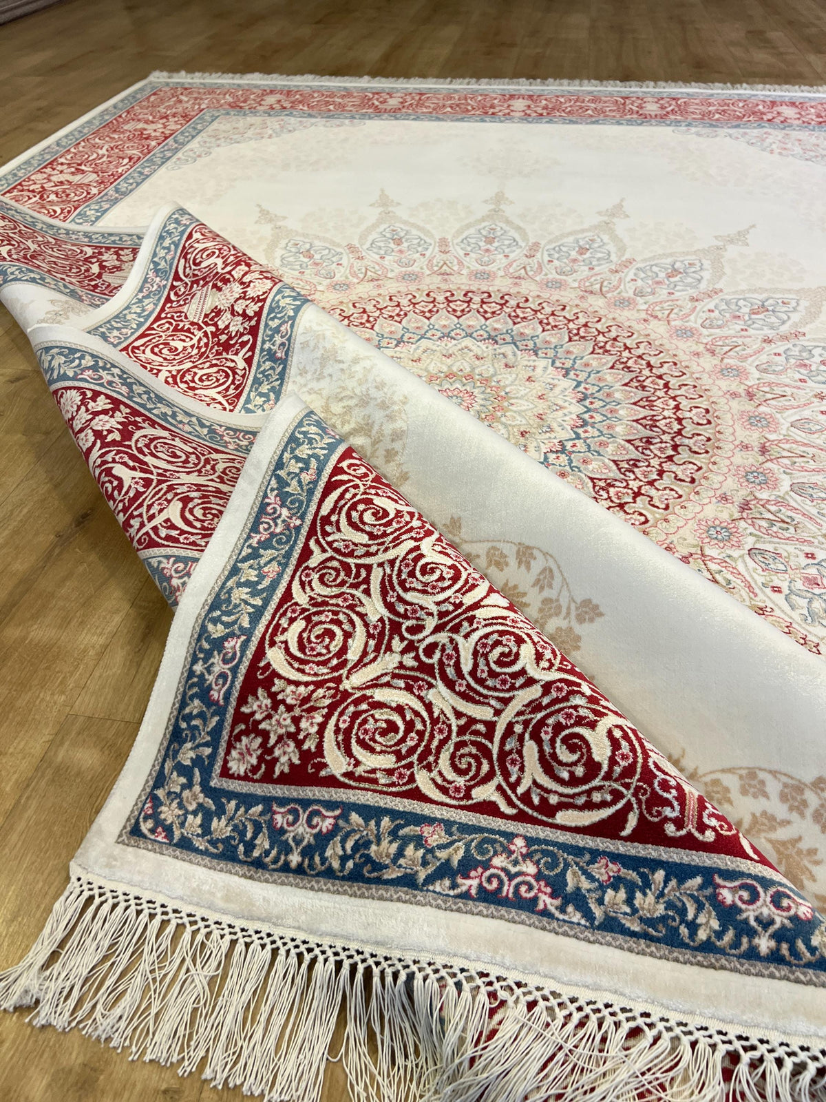 7x10 ft Cream Silk Rug with Red Blue Medallion and Border
