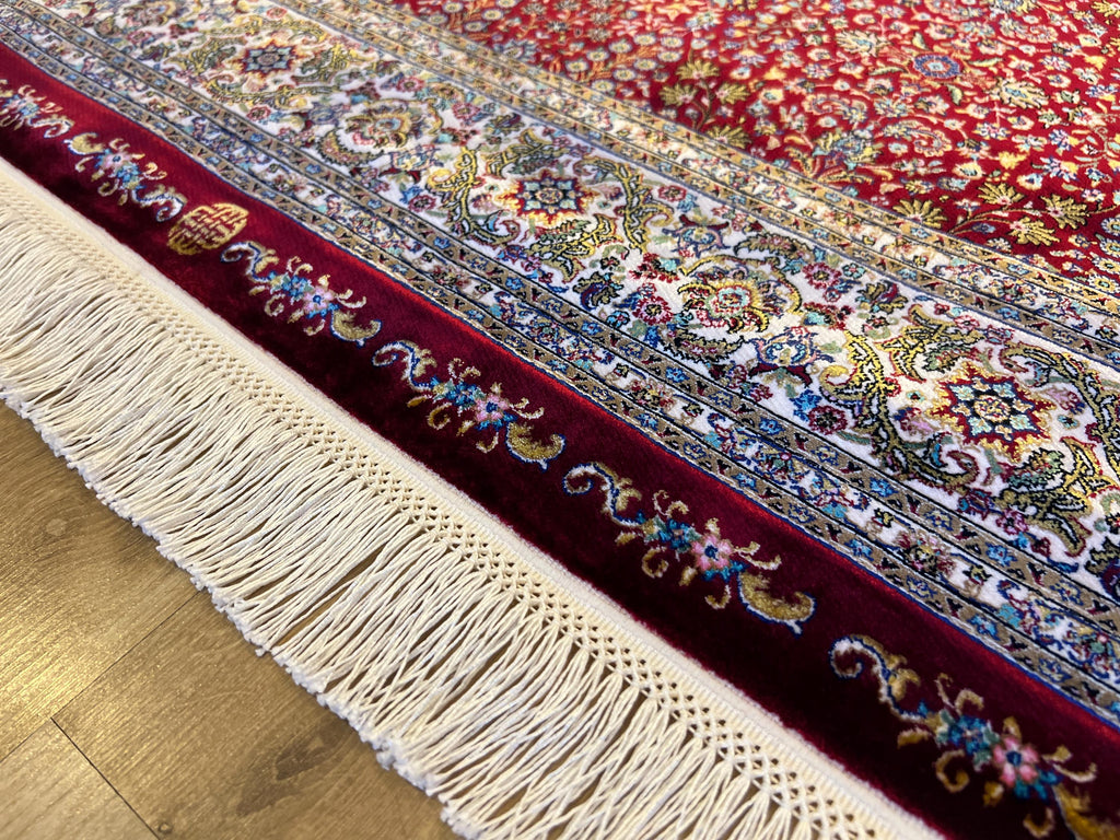 Red Silk Rug, 4x6 Ft, Floral Framed Design, Classic Luxury Area Rug