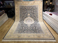 7x10ft Dark Blue Floral Silk Rug, Classic Medallion Oriental Area Rug, Living Room Carpet